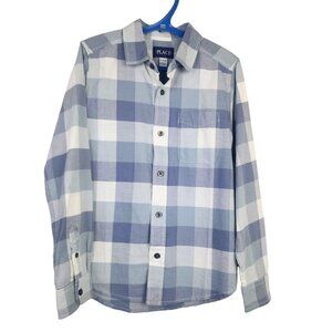 NEW Children's Place Button Down Kids Shirt Boys M 7/8 Gray Blue Buffalo Check